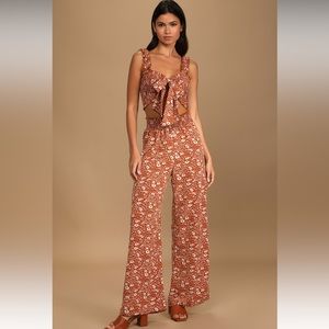 Beneath the Sun Brown Floral Print Two-Piece Wide-Leg Jumpsuit size Small
